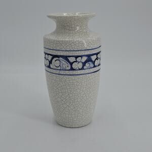 Potting Shed Dedham Pottery Milk Jug Vase Blue Rabbit Bunny Crackle Glaze 7"